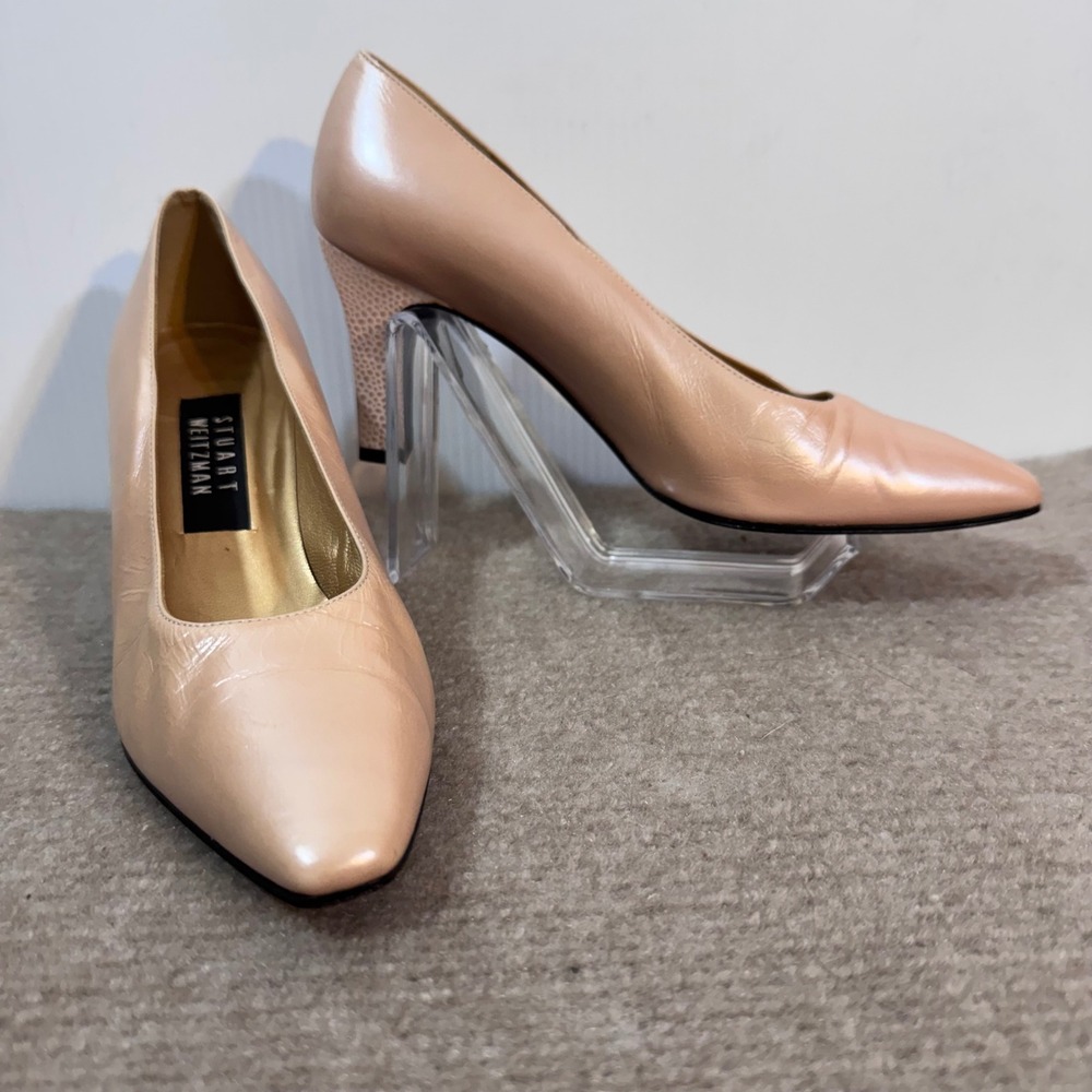 Vintage Stuart Weitzman Pumps Womens 7.5 Nude Iridescent Leather Textured Heel